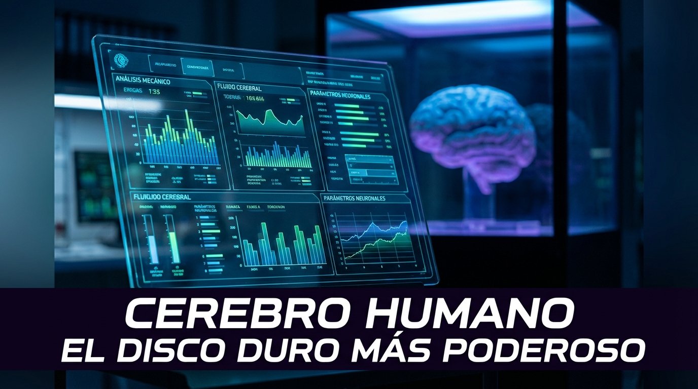 Representación visual de un cerebro humano con conexiones neuronales luminosas y un fondo de datos digitales, simbolizando su capacidad de almacenamiento