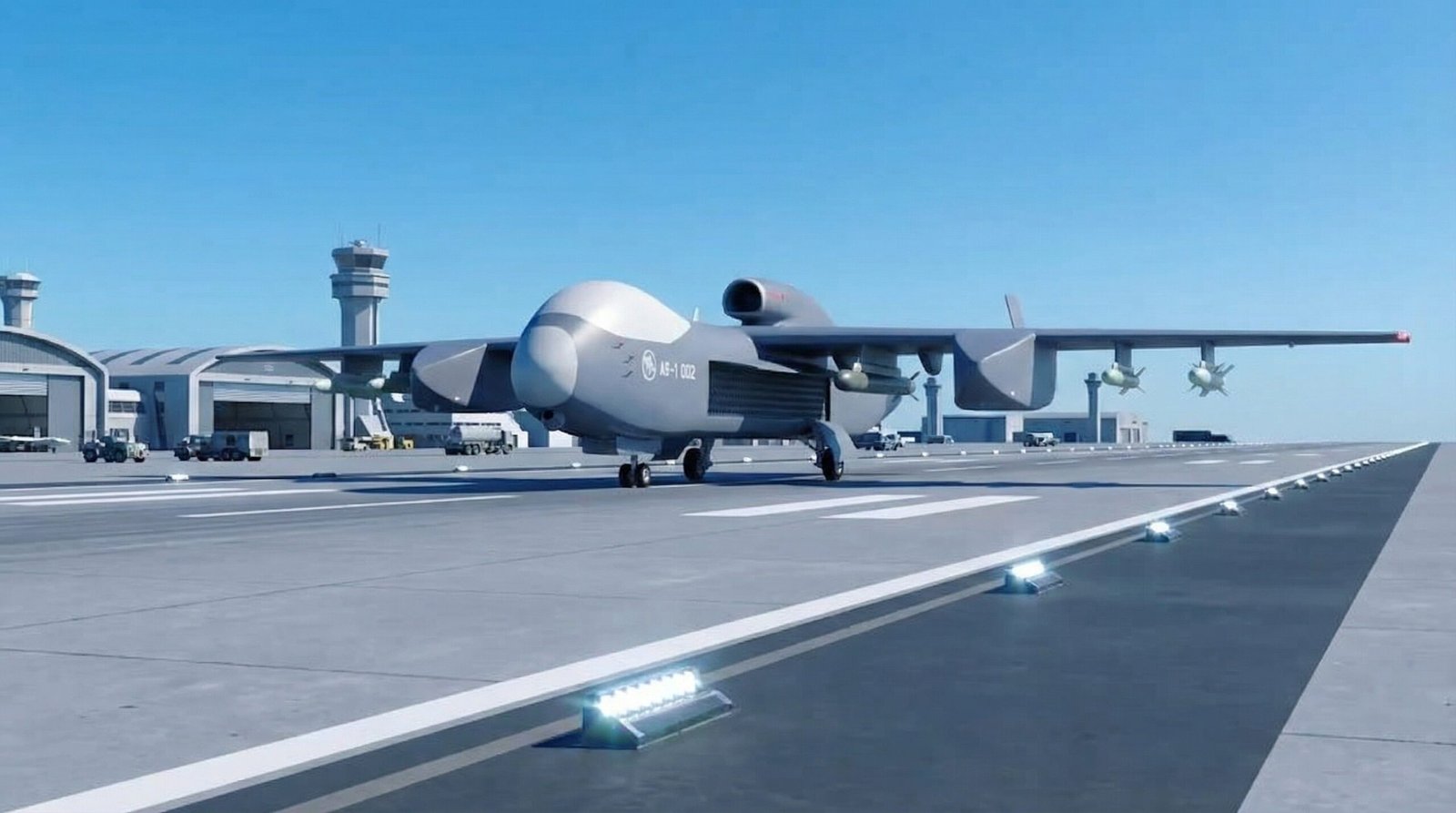 Representación artística del sistema Jiu Tian: un vehículo terrestre lanzando un enjambre coordinado de drones de combate